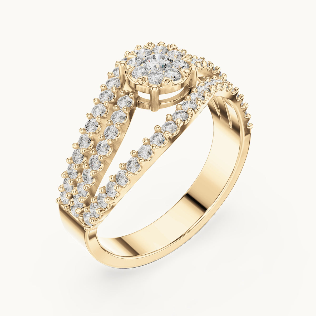 Round lab-grown diamond pavé wave cluster ring in yellow gold, 0.766 CT TW, view 2