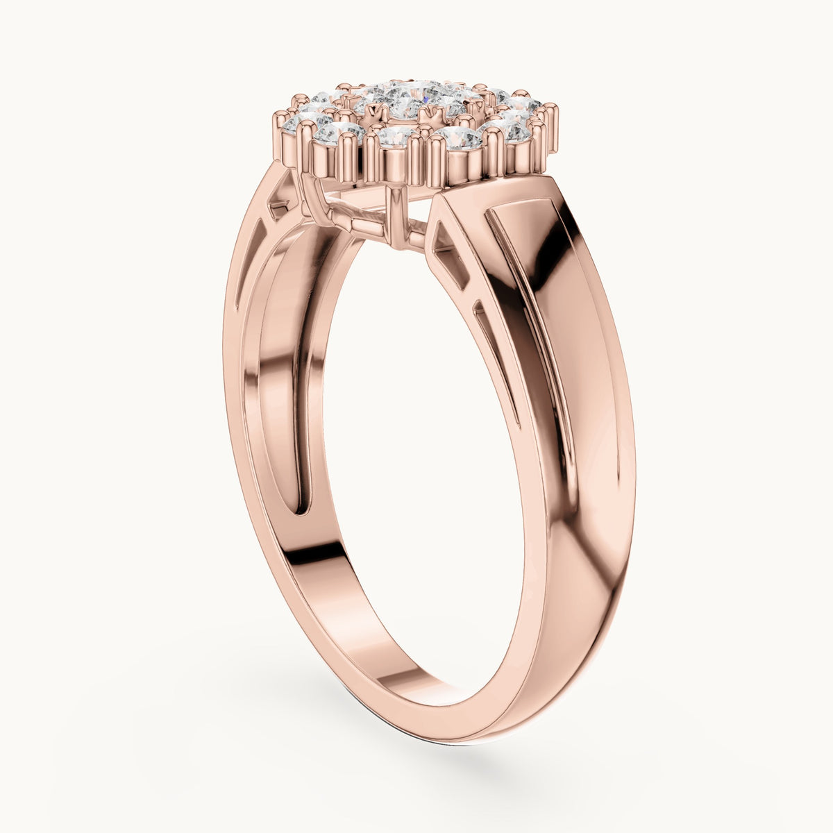 Round lab-grown diamond cluster halo ring in rose gold, 0.402 CT TW, view 1