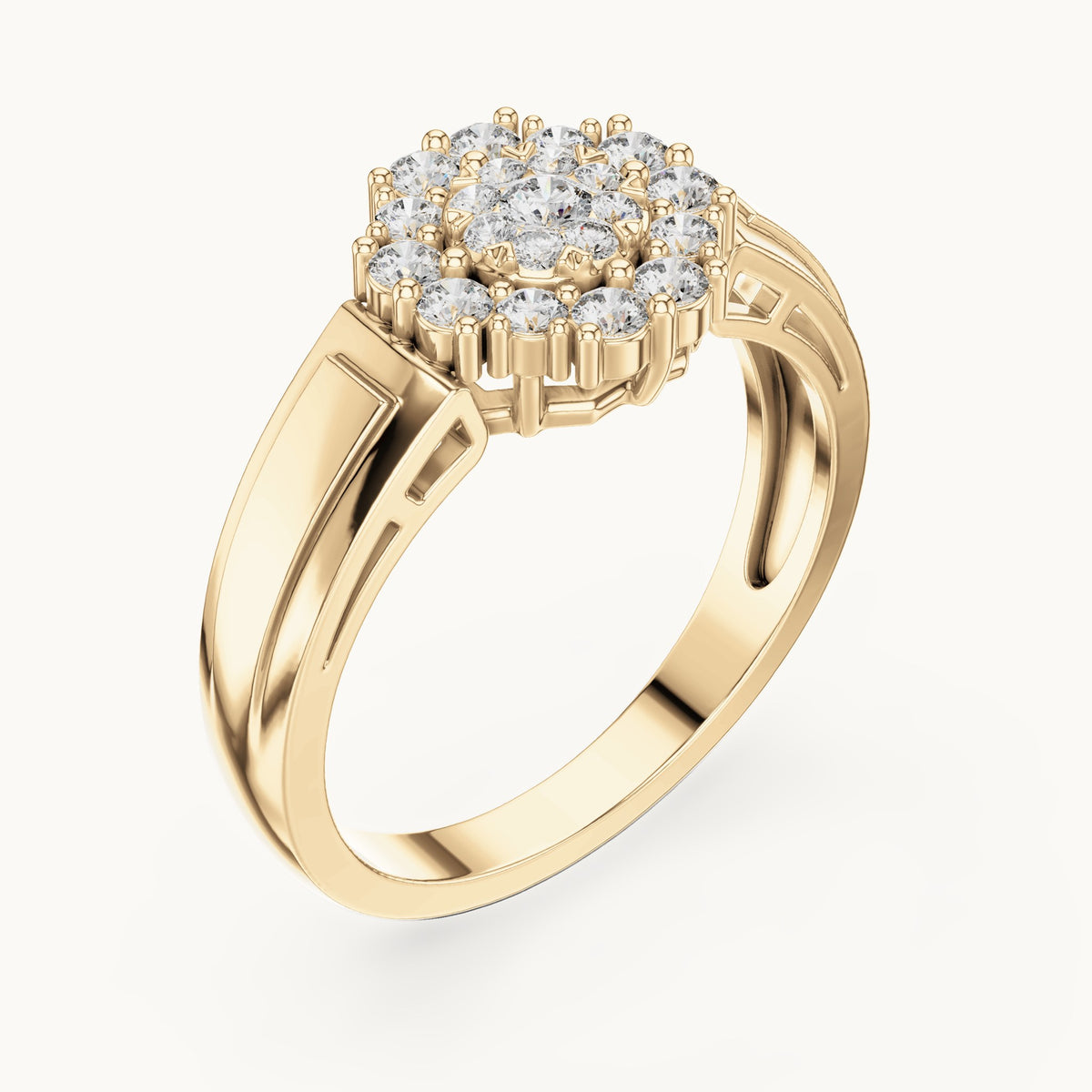 Round lab-grown diamond cluster halo ring in yellow gold, 0.402 CT TW, view 2
