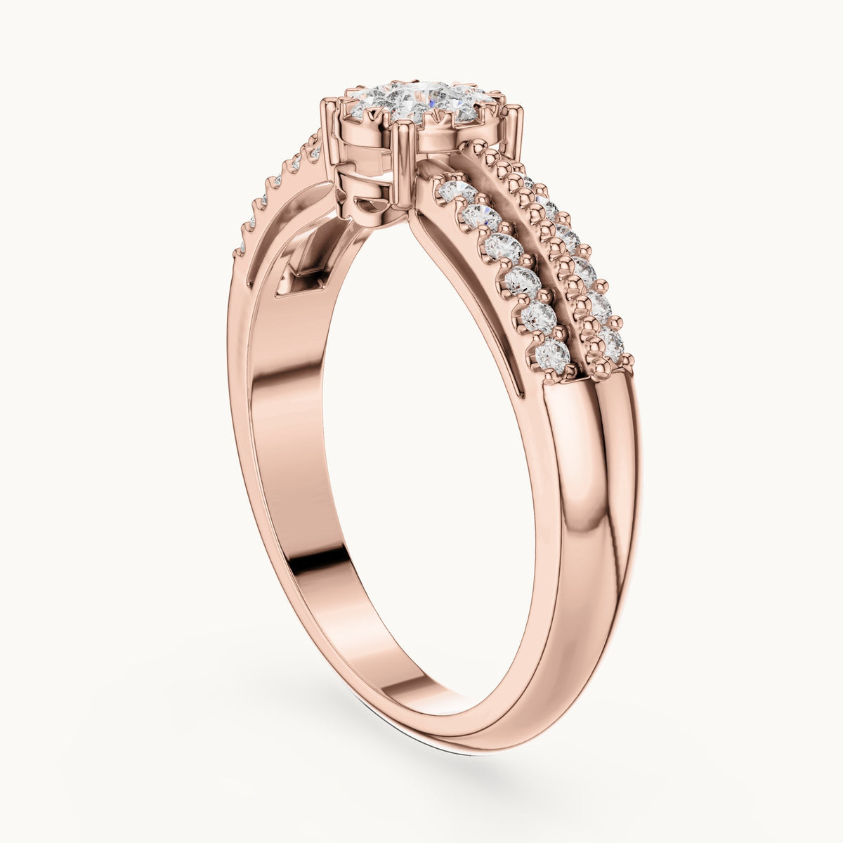Round lab-grown diamond cluster halo ring with split pavé band in rose gold, 0.334 CT TW, view 1