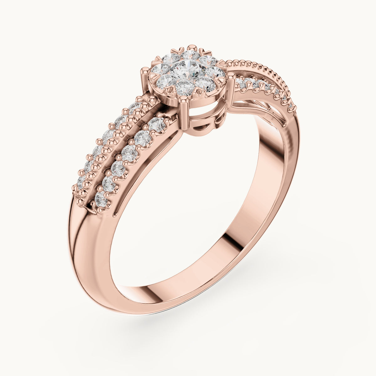 Round lab-grown diamond cluster halo ring with split pavé band in rose gold, 0.334 CT TW, view 2