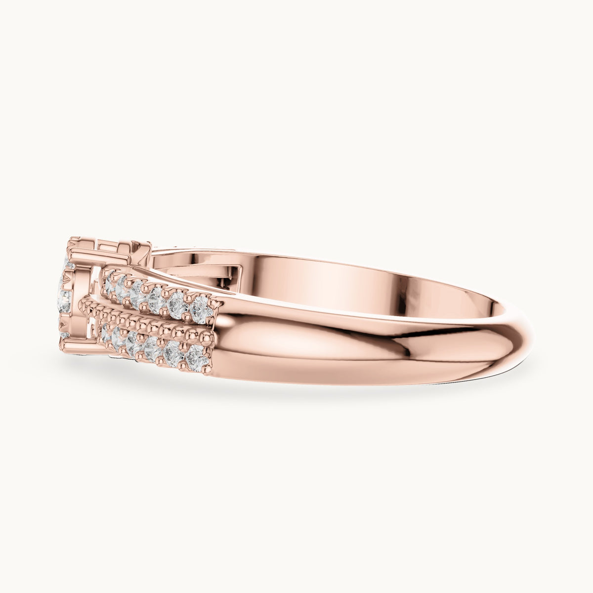 Round lab-grown diamond cluster halo ring with split pavé band in rose gold, 0.334 CT TW, view 3
