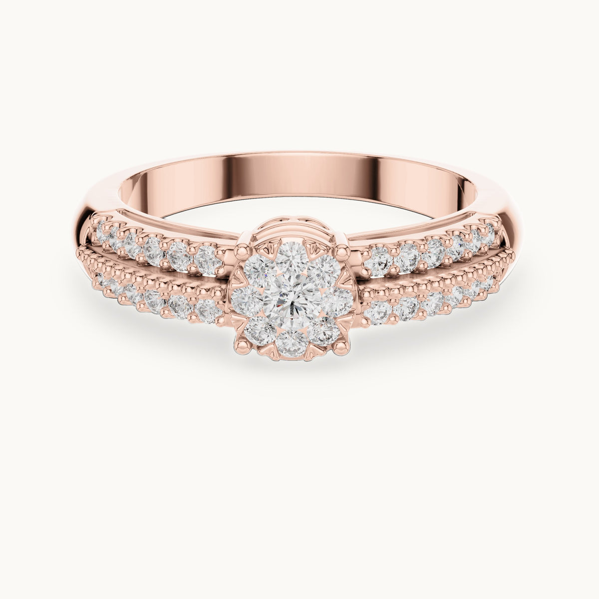 Round lab-grown diamond cluster halo ring with split pavé band in rose gold, 0.334 CT TW, view 4