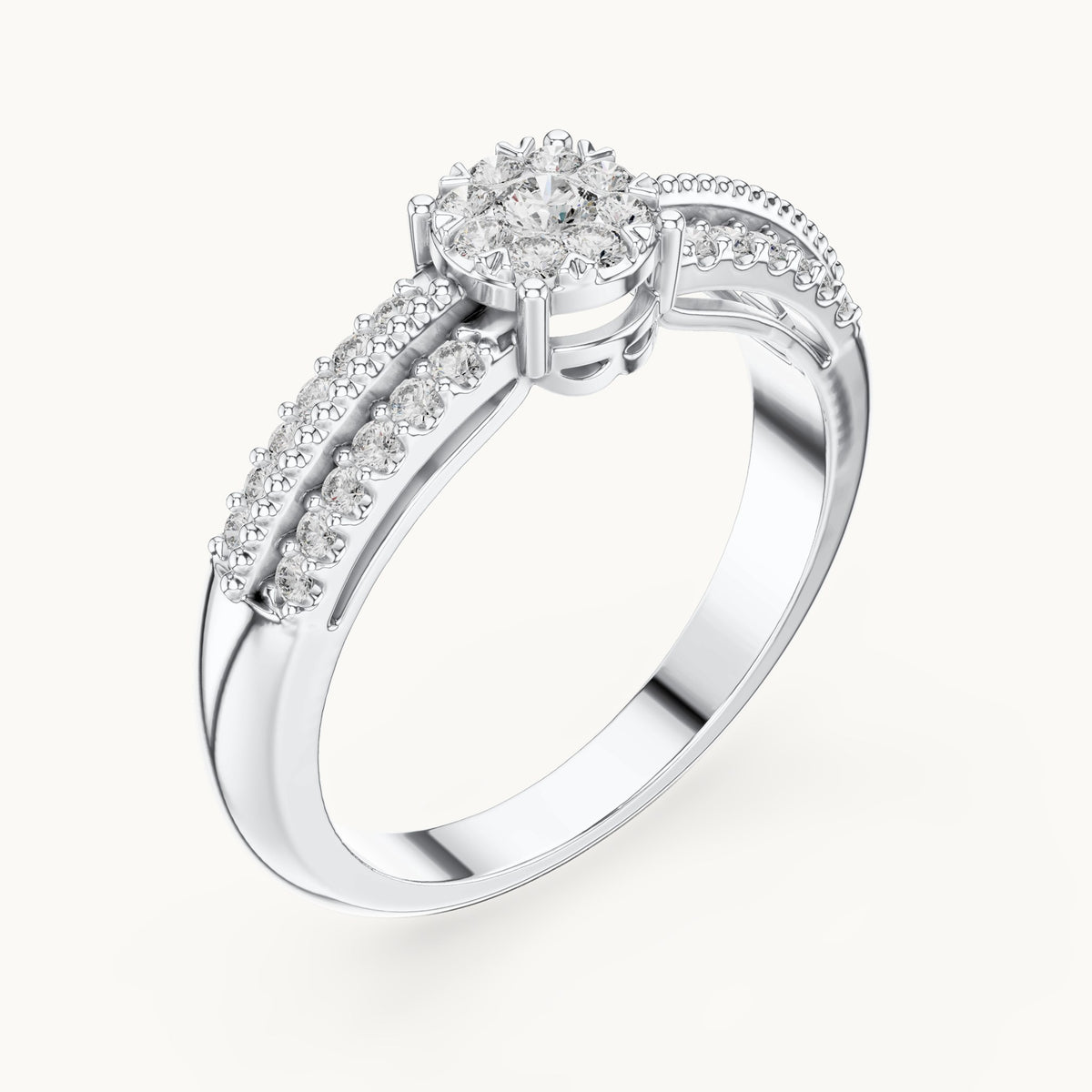 Round lab-grown diamond cluster halo ring with split pavé band in white gold, 0.334 CT TW, view 2