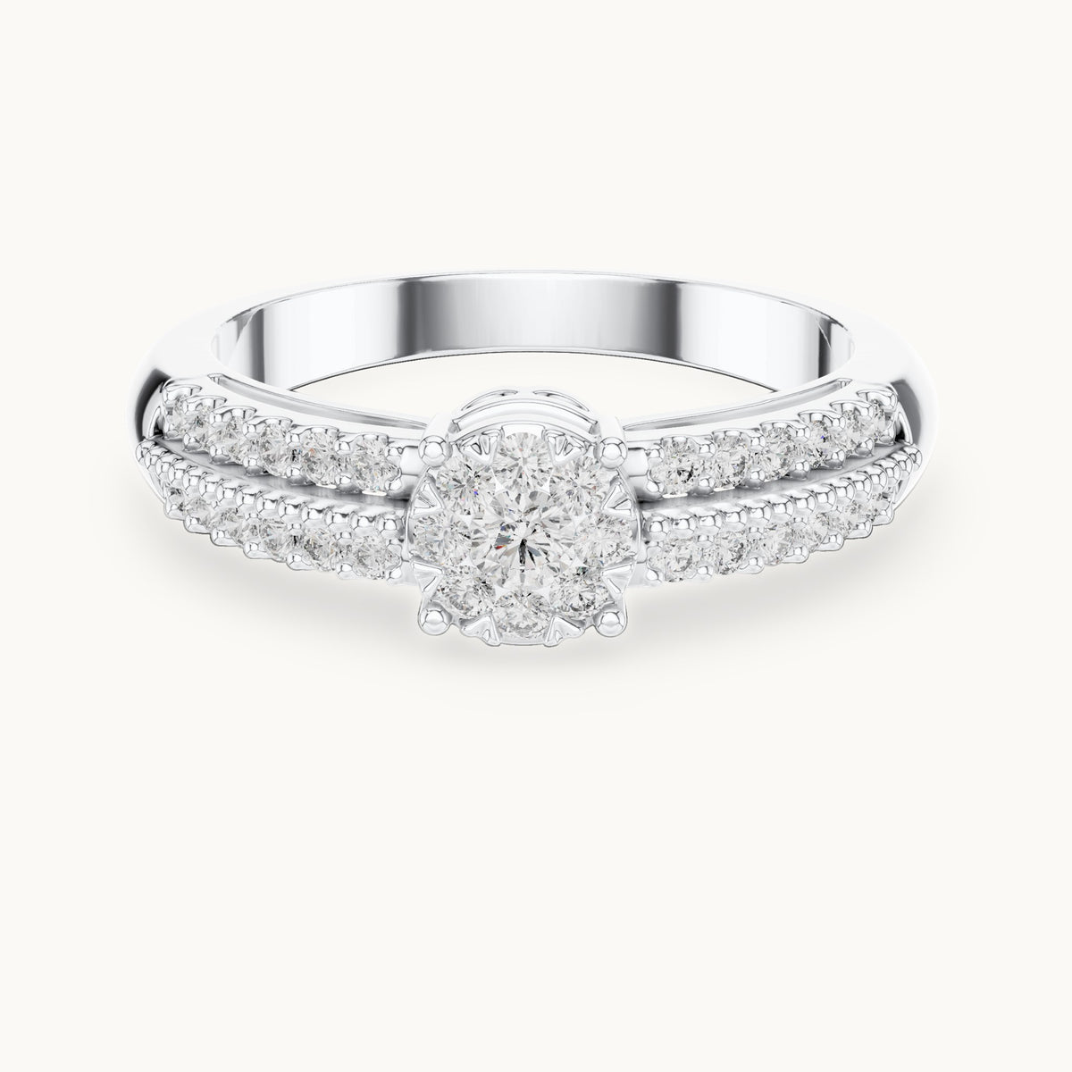 Round lab-grown diamond cluster halo ring with split pavé band in white gold, 0.334 CT TW, view 4