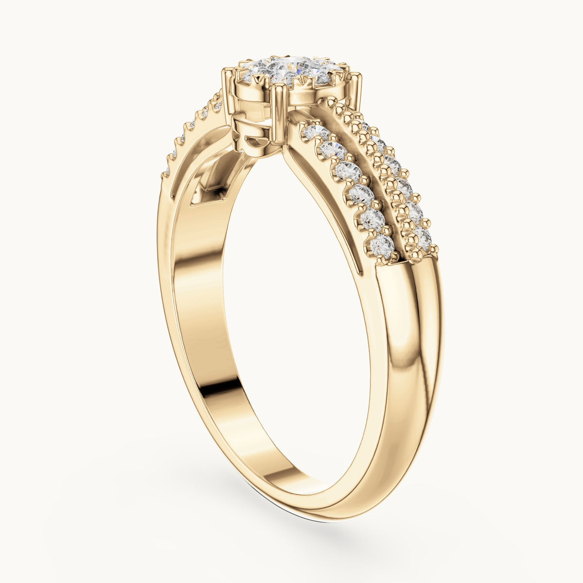 Round lab-grown diamond cluster halo ring with split pavé band in yellow gold, 0.334 CT TW, view 1