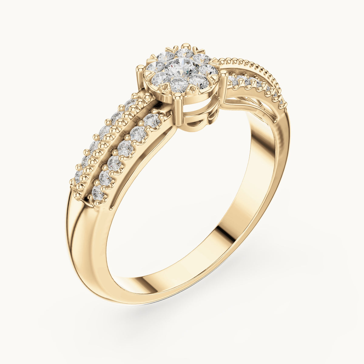 Round lab-grown diamond cluster halo ring with split pavé band in yellow gold, 0.334 CT TW, view 2