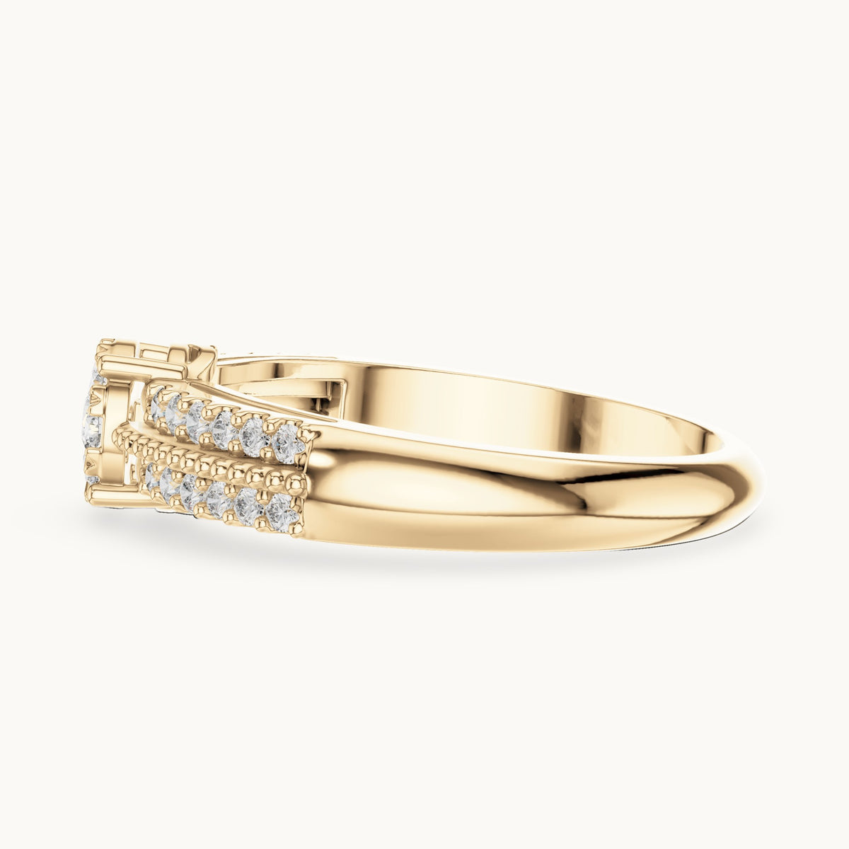 Round lab-grown diamond cluster halo ring with split pavé band in yellow gold, 0.334 CT TW, view 3