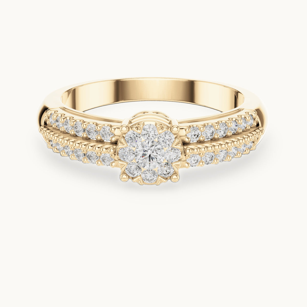Round lab-grown diamond cluster halo ring with split pavé band in yellow gold, 0.334 CT TW, view 4