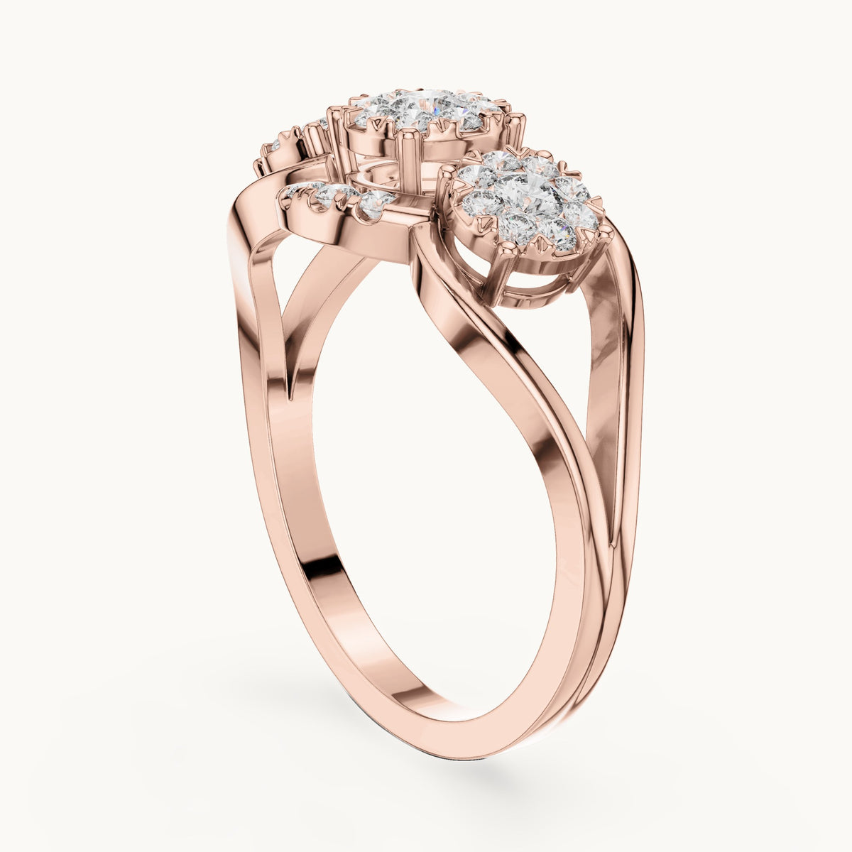 Round lab-grown diamond three-cluster bypass ring in rose gold, 0.522 CT TW, view 1
