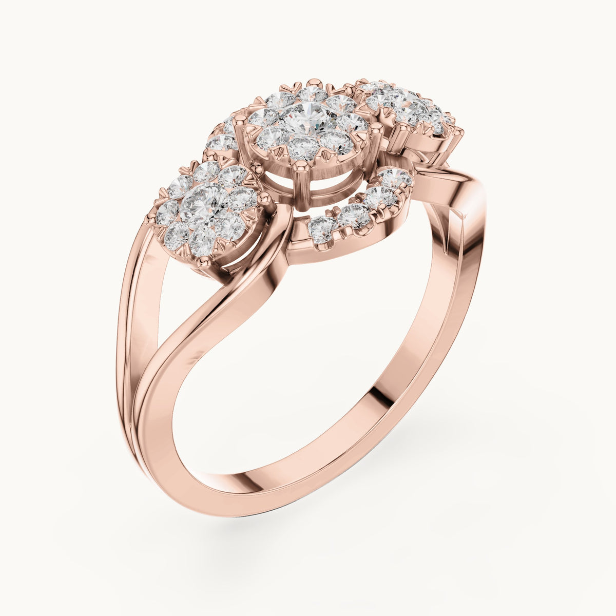 Round lab-grown diamond three-cluster bypass ring in rose gold, 0.522 CT TW, view 2
