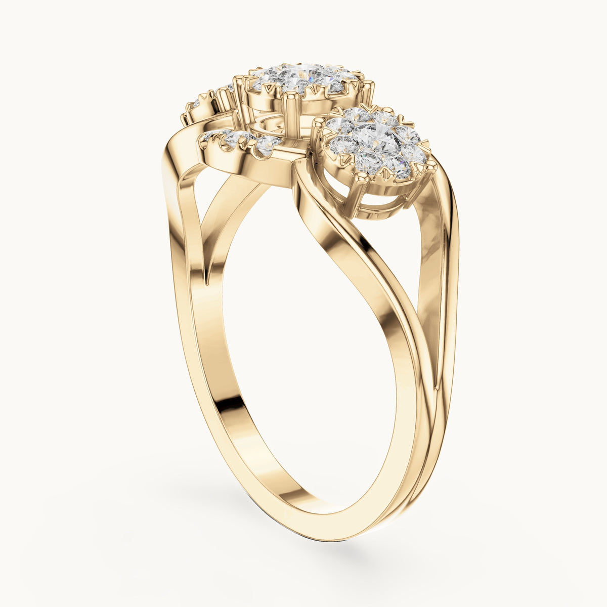 Round lab-grown diamond three-cluster bypass ring in yellow gold, 0.522 CT TW, view 1