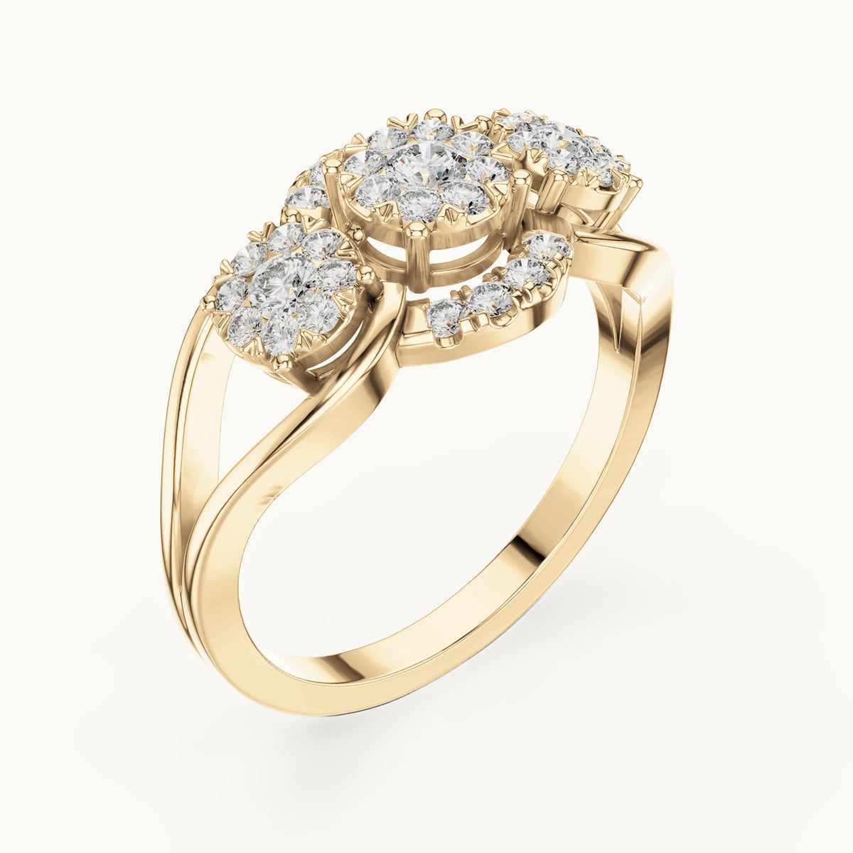 Round lab-grown diamond three-cluster bypass ring in yellow gold, 0.522 CT TW, view 2