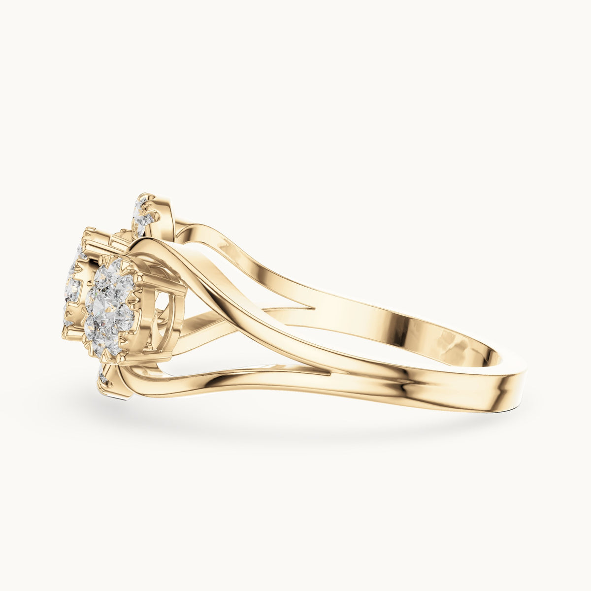 Round lab-grown diamond three-cluster bypass ring in yellow gold, 0.522 CT TW, view 3