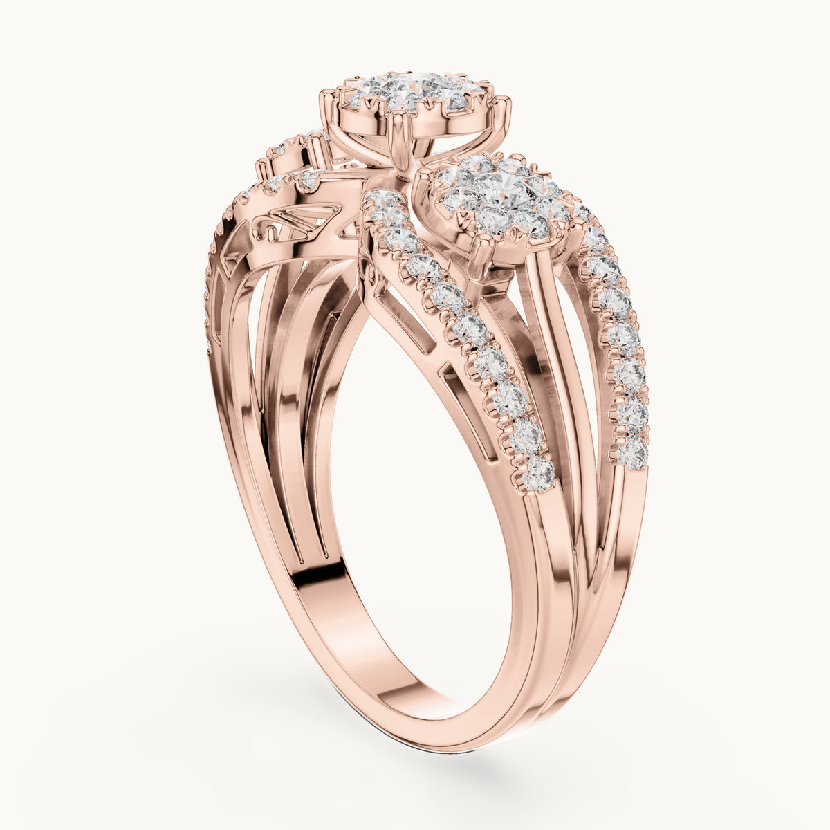 Round lab-grown diamond three-cluster split band ring in rose gold, 0.746 CT TW, view 1