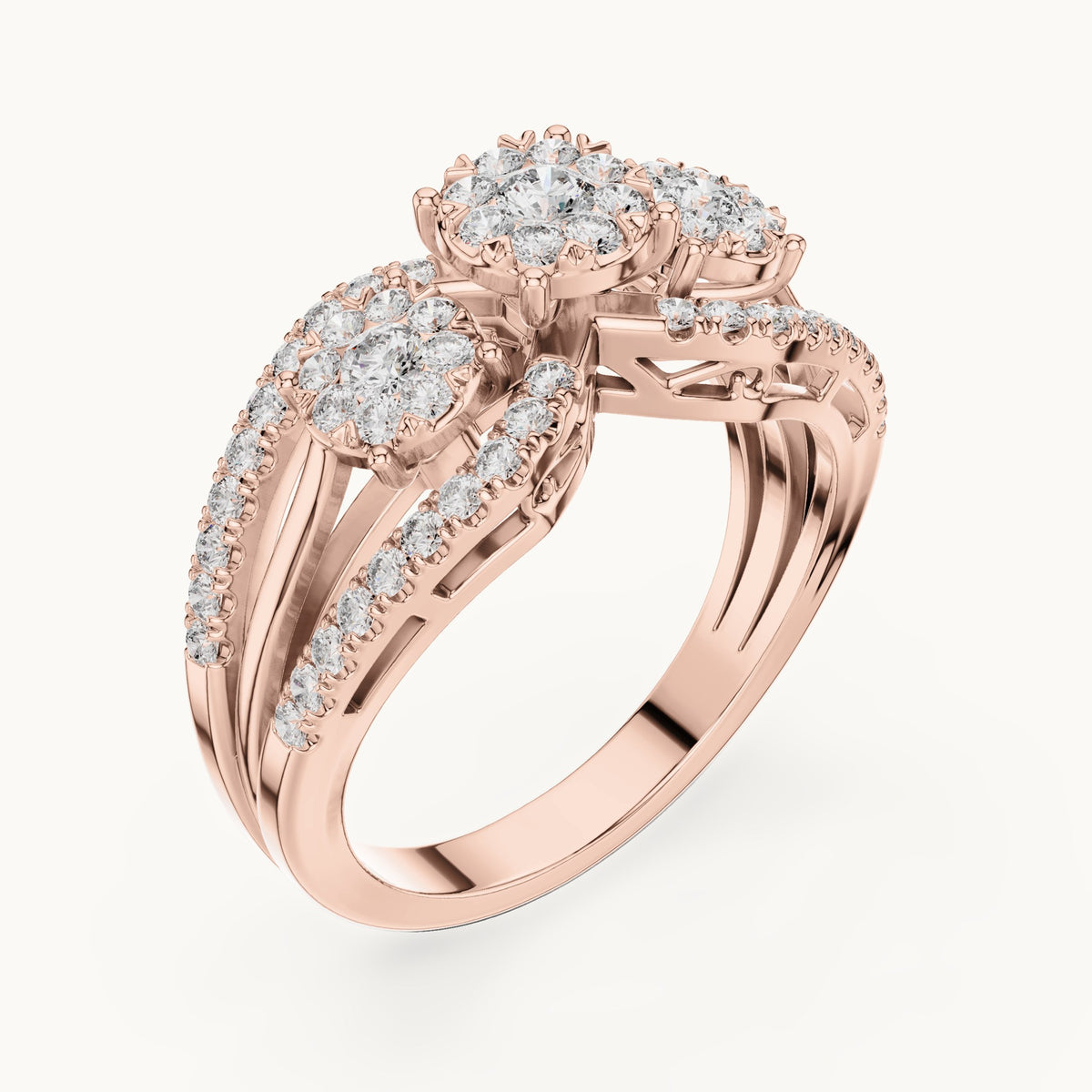 Round lab-grown diamond three-cluster split band ring in rose gold, 0.746 CT TW, view 2