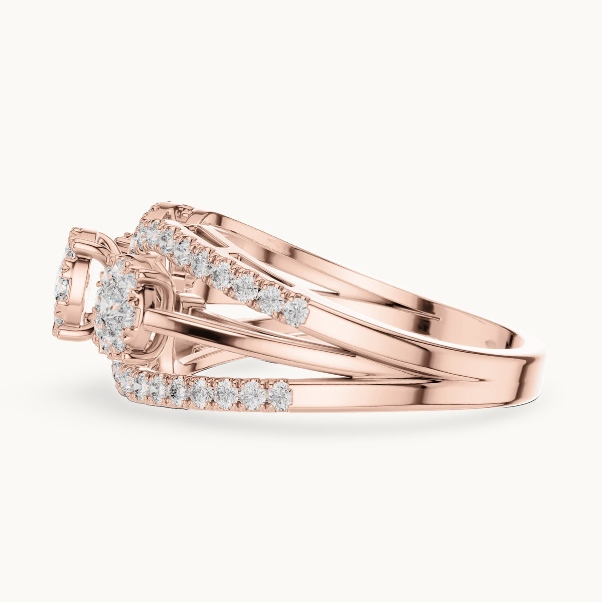 Round lab-grown diamond three-cluster split band ring in rose gold, 0.746 CT TW, view 3