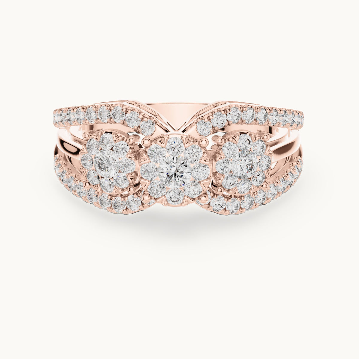 Round lab-grown diamond three-cluster split band ring in rose gold, 0.746 CT TW, view 4