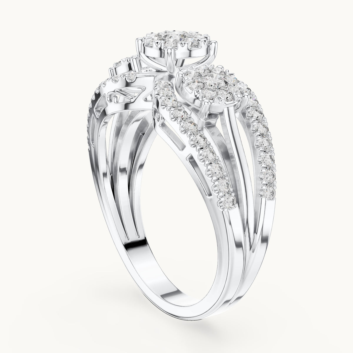 Round lab-grown diamond three-cluster split band ring in white gold, 0.746 CT TW, view 1