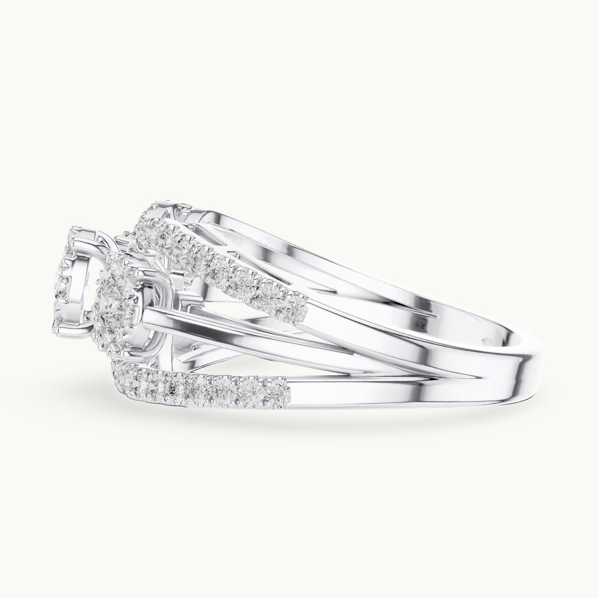 Round lab-grown diamond three-cluster split band ring in white gold, 0.746 CT TW, view 3