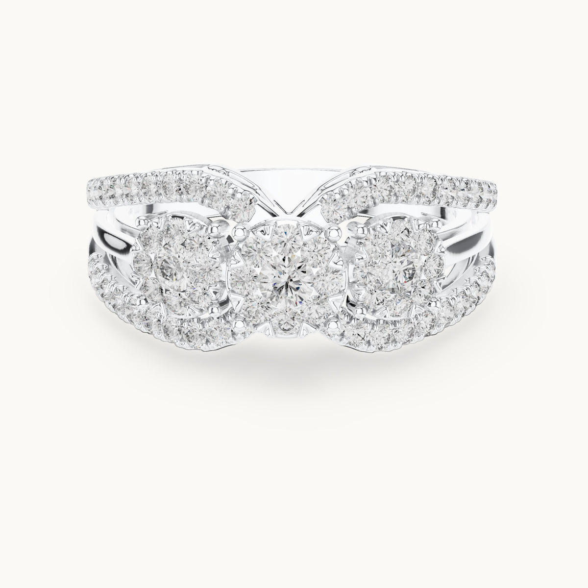 Round lab-grown diamond three-cluster split band ring in white gold, 0.746 CT TW, view 4