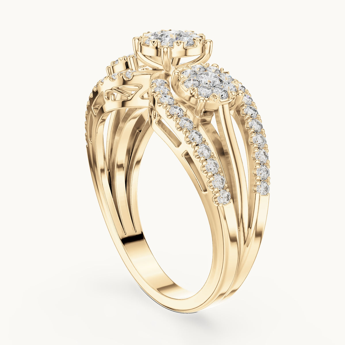 Round lab-grown diamond three-cluster split band ring in yellow gold, 0.746 CT TW, view 1