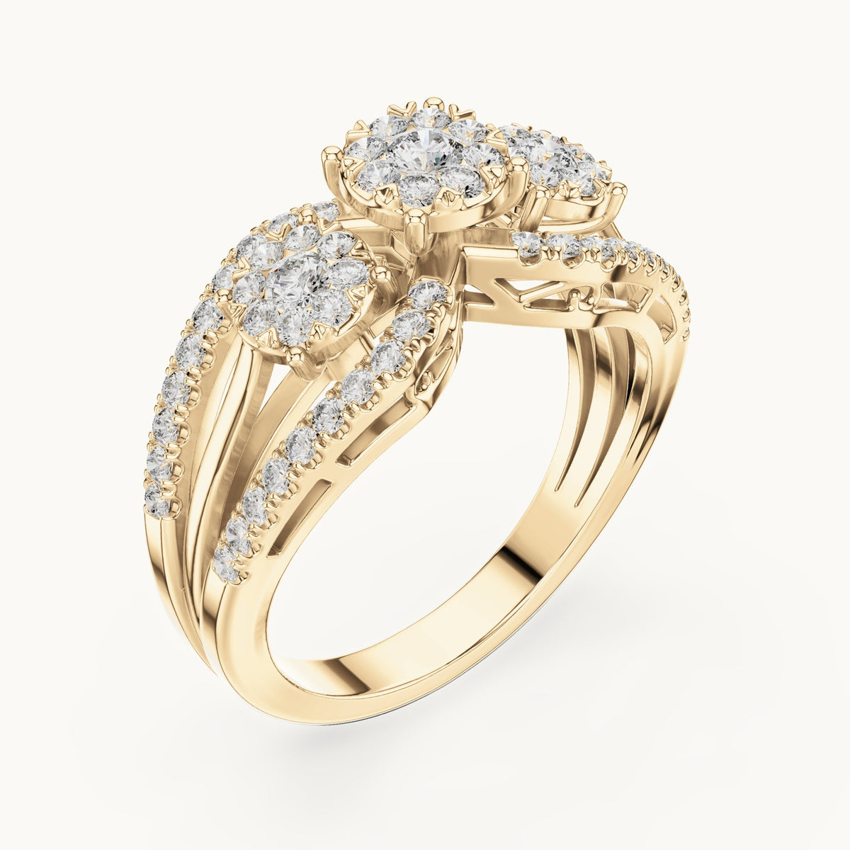 Round lab-grown diamond three-cluster split band ring in yellow gold, 0.746 CT TW, view 2