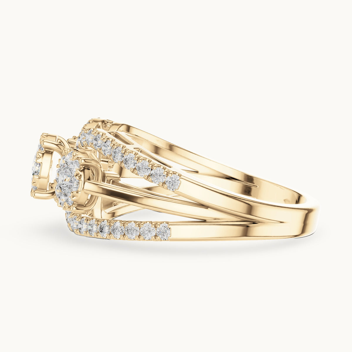 Round lab-grown diamond three-cluster split band ring in yellow gold, 0.746 CT TW, view 3