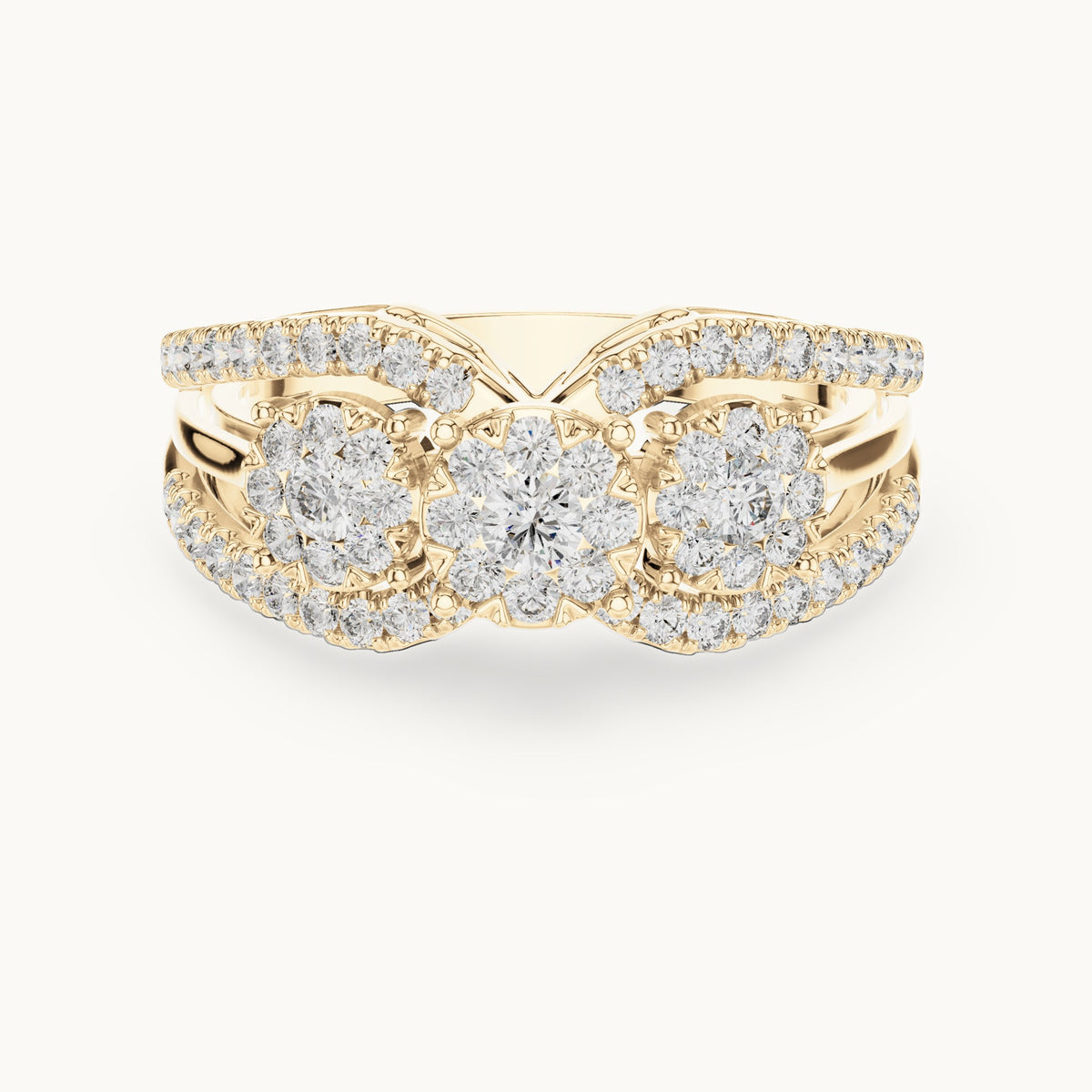 Round lab-grown diamond three-cluster split band ring in yellow gold, 0.746 CT TW, view 4