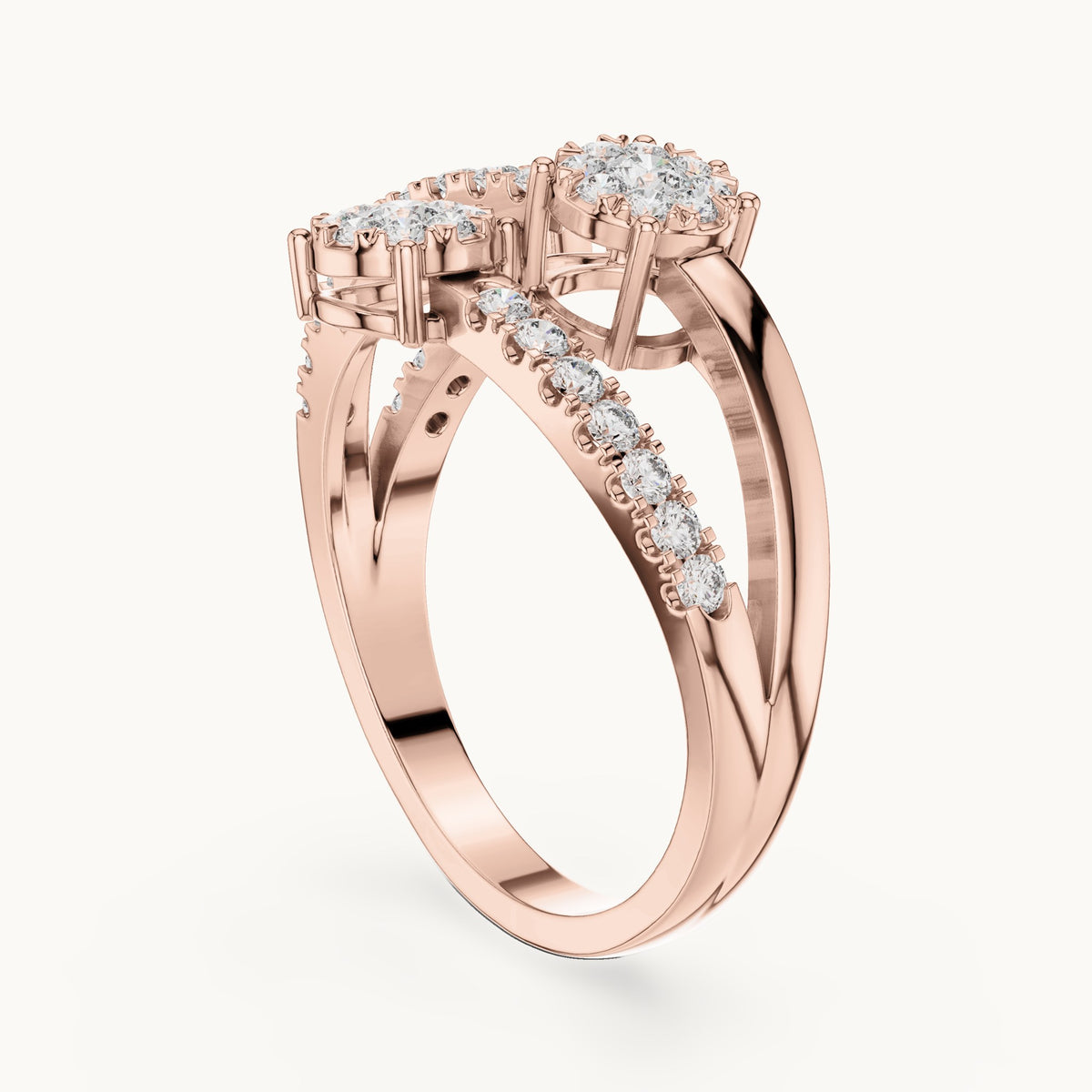 Round lab-grown diamond three-cluster open bypass ring in rose gold, 0.634 CT TW, view 1