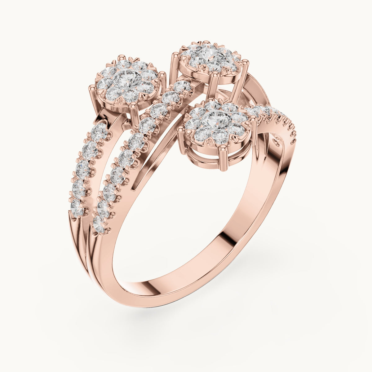 Round lab-grown diamond three-cluster open bypass ring in rose gold, 0.634 CT TW, view 2
