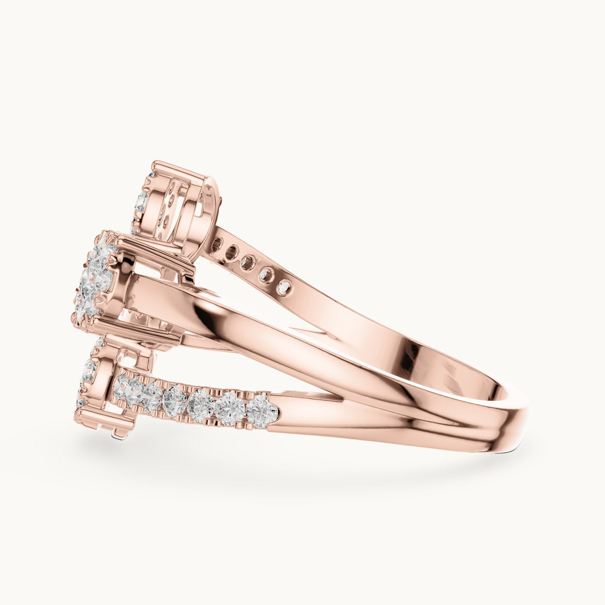 Round lab-grown diamond three-cluster open bypass ring in rose gold, 0.634 CT TW, view 3