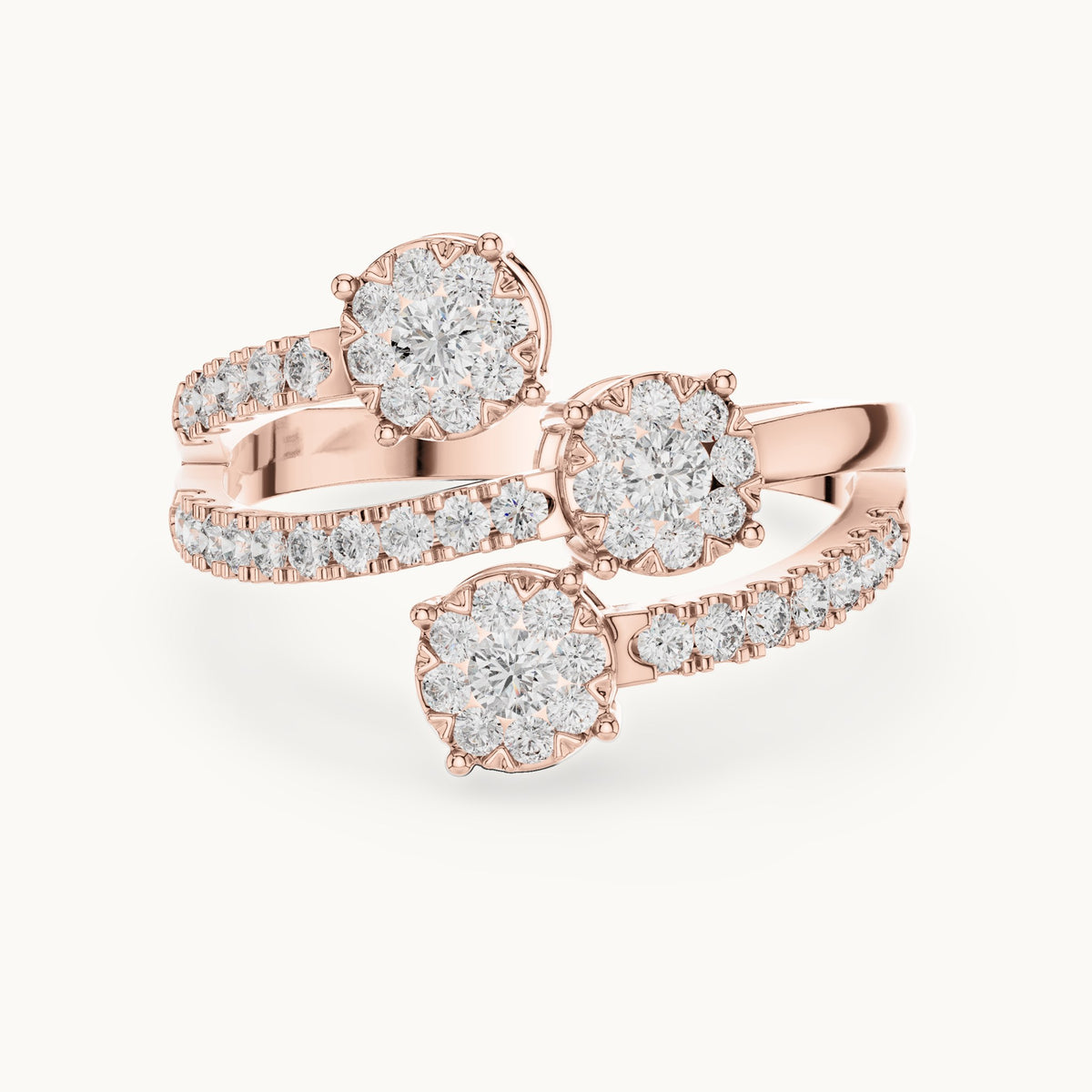 Round lab-grown diamond three-cluster open bypass ring in rose gold, 0.634 CT TW, view 4