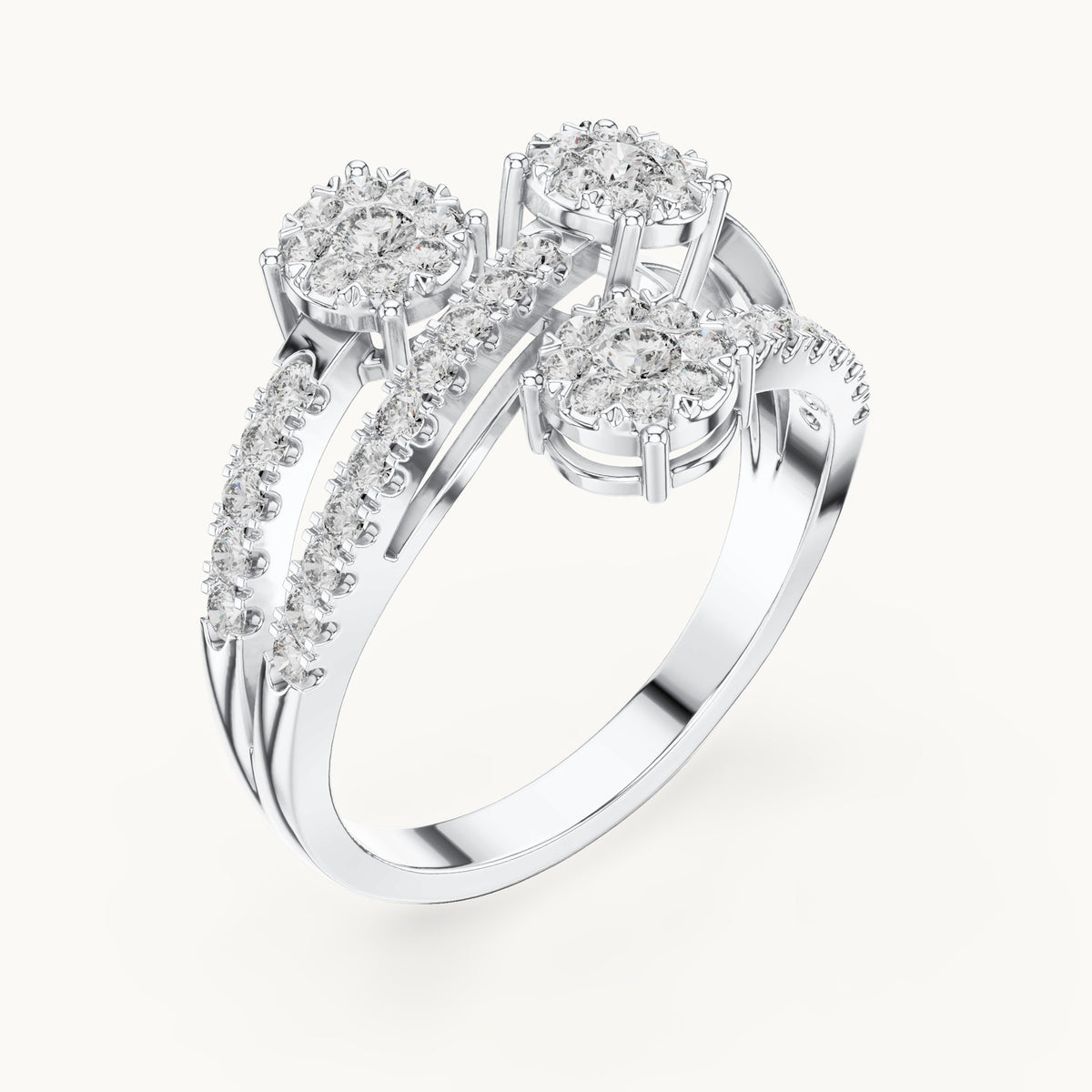Round lab-grown diamond three-cluster open bypass ring in white gold, 0.634 CT TW, view 2