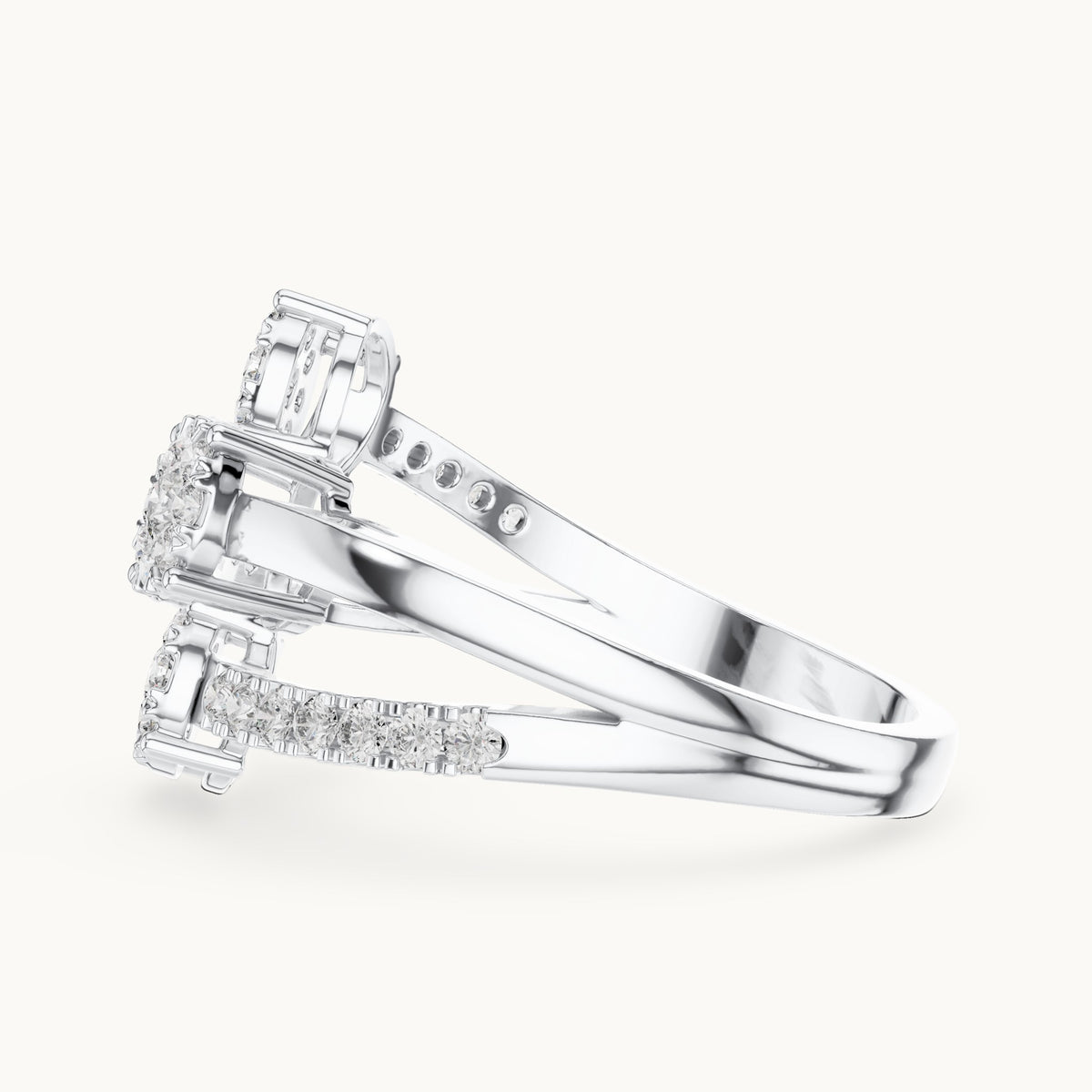 Round lab-grown diamond three-cluster open bypass ring in white gold, 0.634 CT TW, view 3