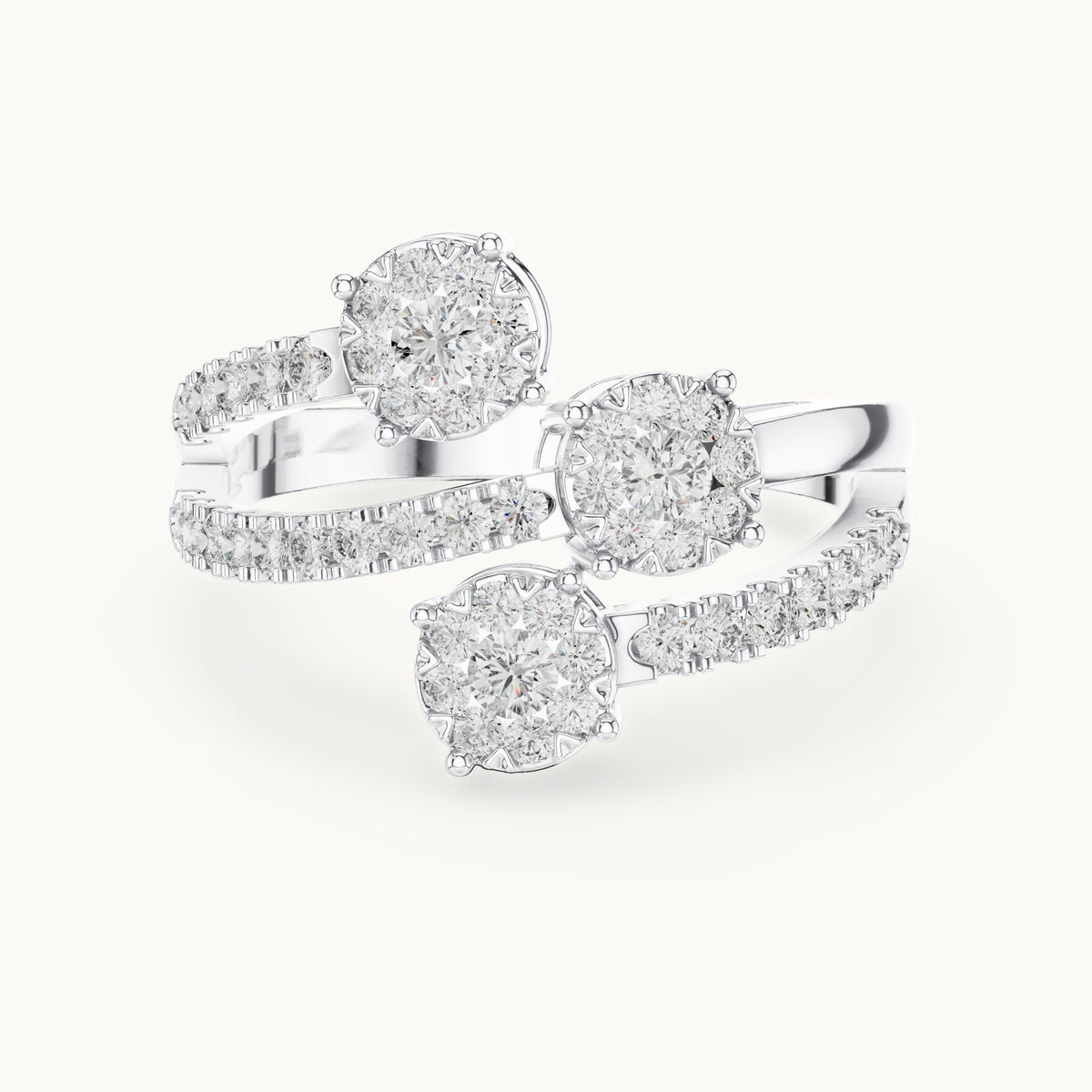 Round lab-grown diamond three-cluster open bypass ring in white gold, 0.634 CT TW, view 4