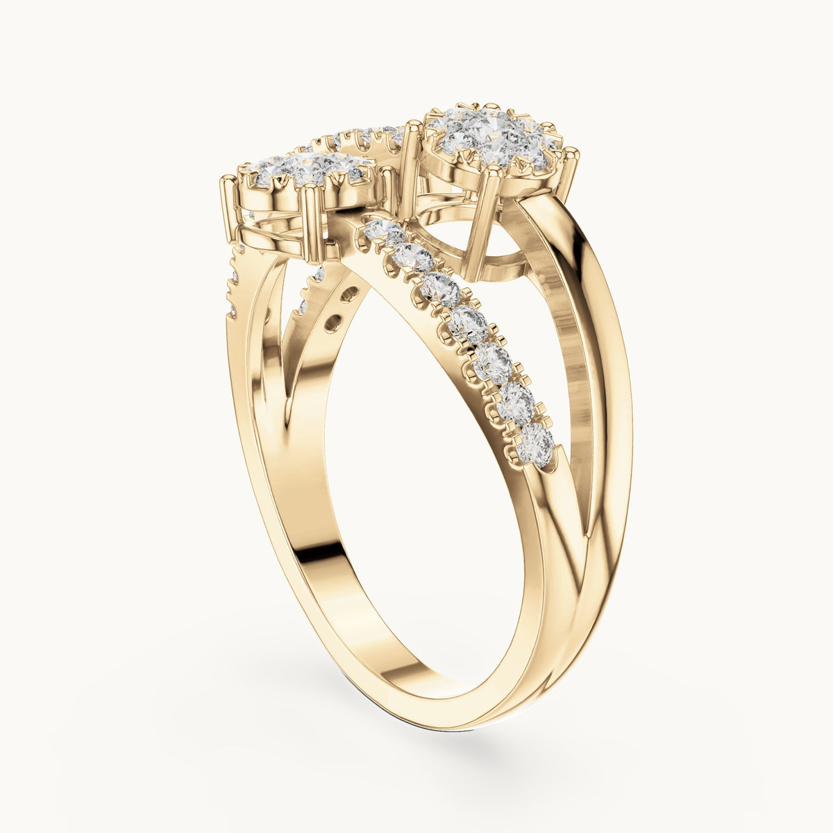 Round lab-grown diamond three-cluster open bypass ring in yellow gold, 0.634 CT TW, view 1