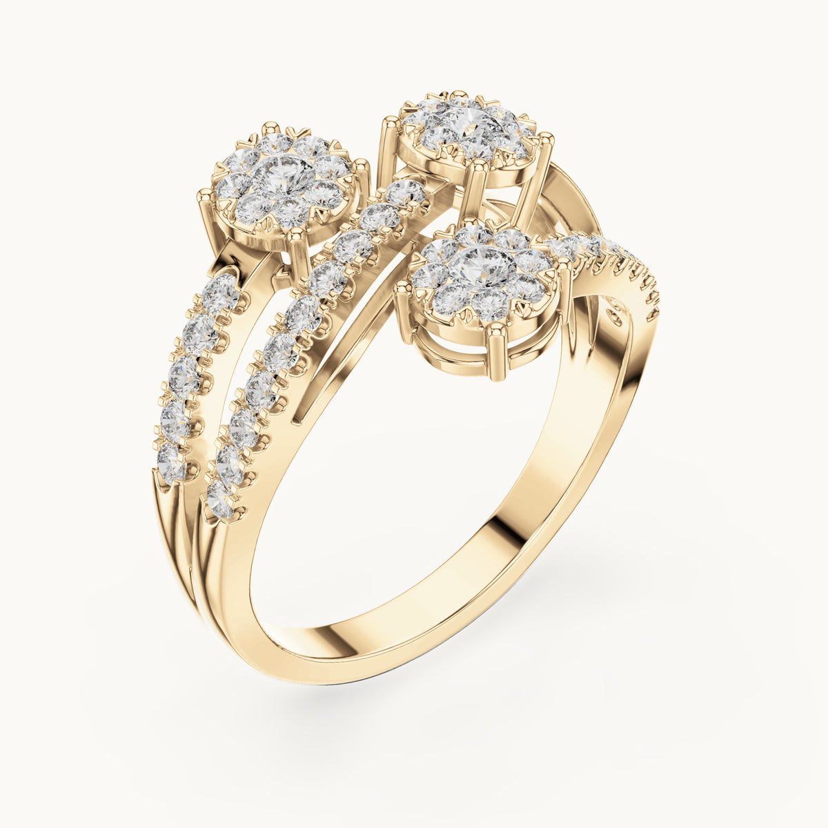 Round lab-grown diamond three-cluster open bypass ring in yellow gold, 0.634 CT TW, view 2
