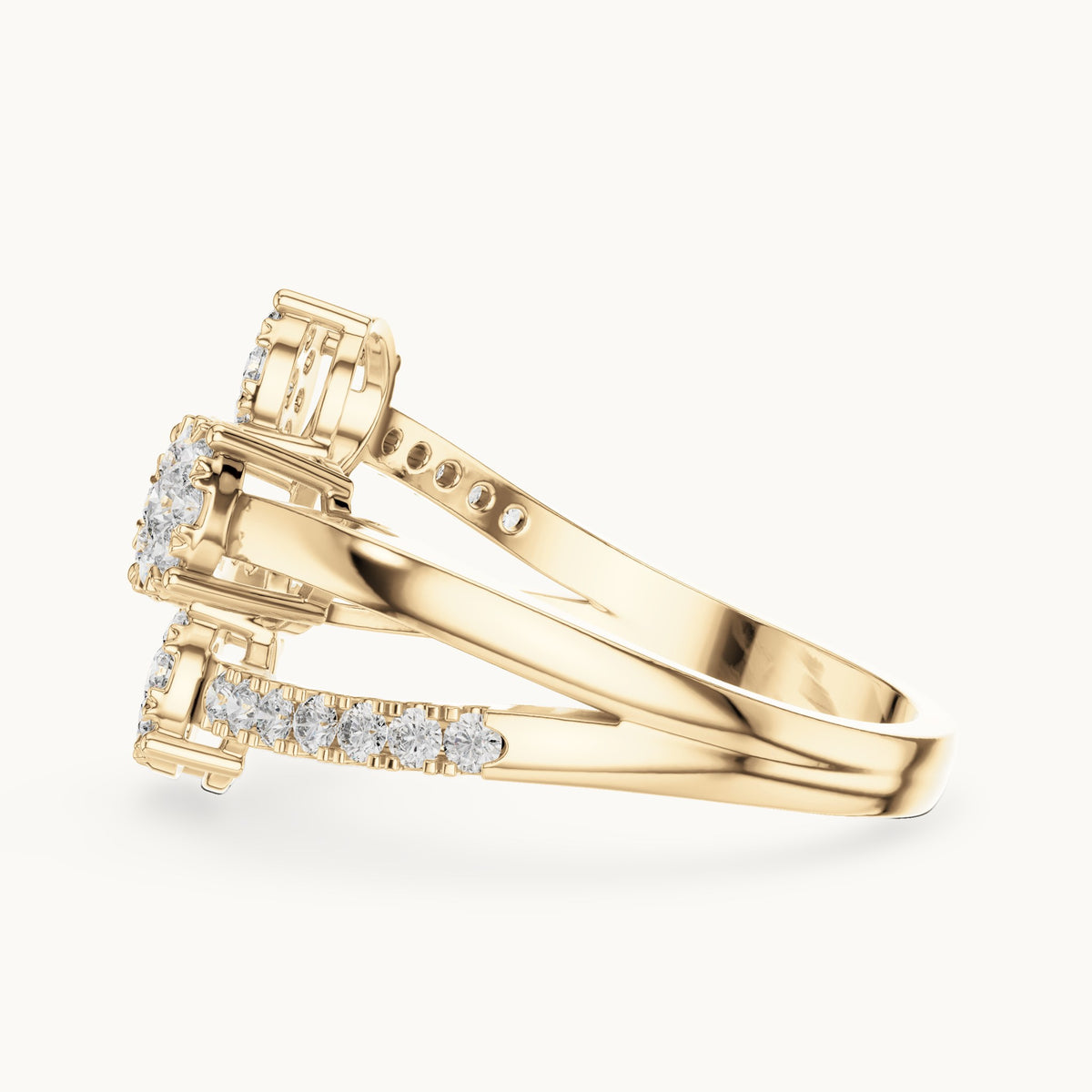 Round lab-grown diamond three-cluster open bypass ring in yellow gold, 0.634 CT TW, view 3