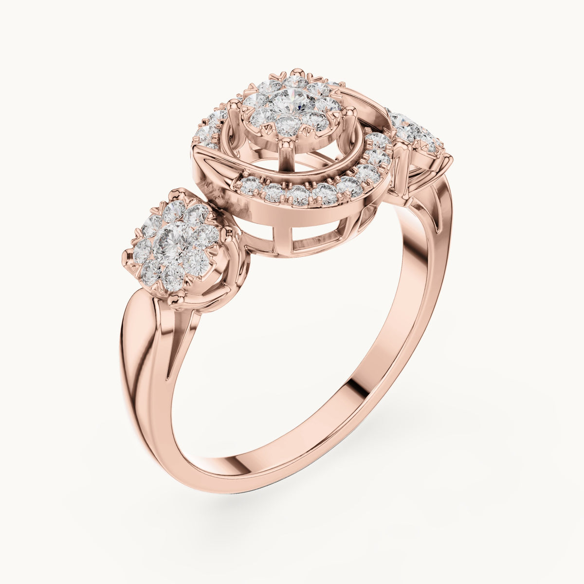 Round lab-grown diamond three-cluster halo ring in rose gold, 0.502 CT TW, view 2