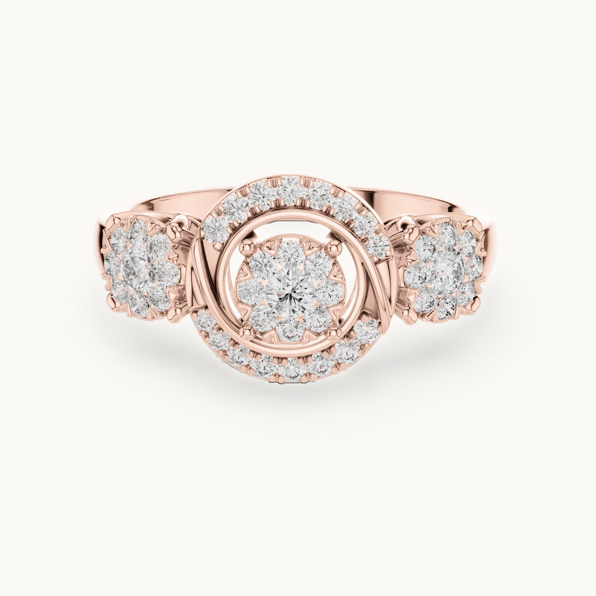 Round lab-grown diamond three-cluster halo ring in rose gold, 0.502 CT TW, view 4