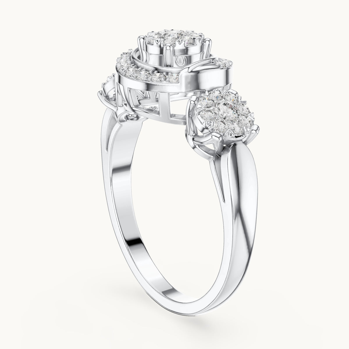 Round lab-grown diamond three-cluster halo ring in white gold, 0.502 CT TW, view 1