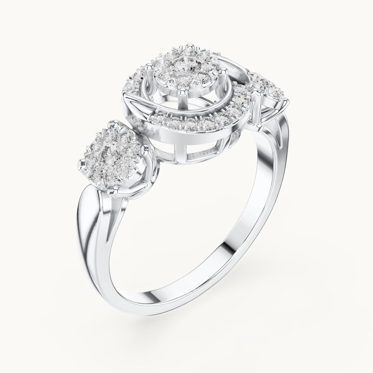 Round lab-grown diamond three-cluster halo ring in white gold, 0.502 CT TW, view 2