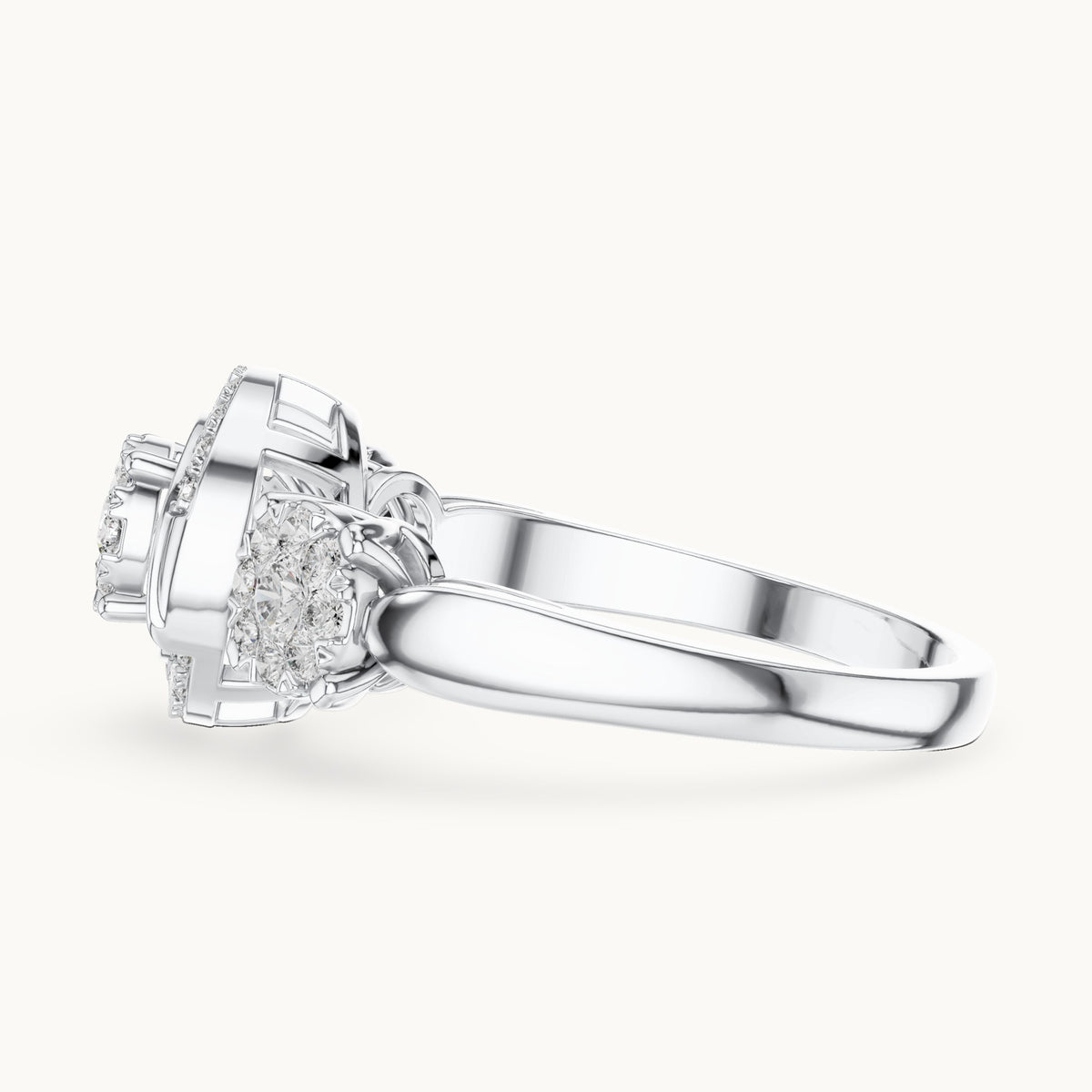 Round lab-grown diamond three-cluster halo ring in white gold, 0.502 CT TW, view 3