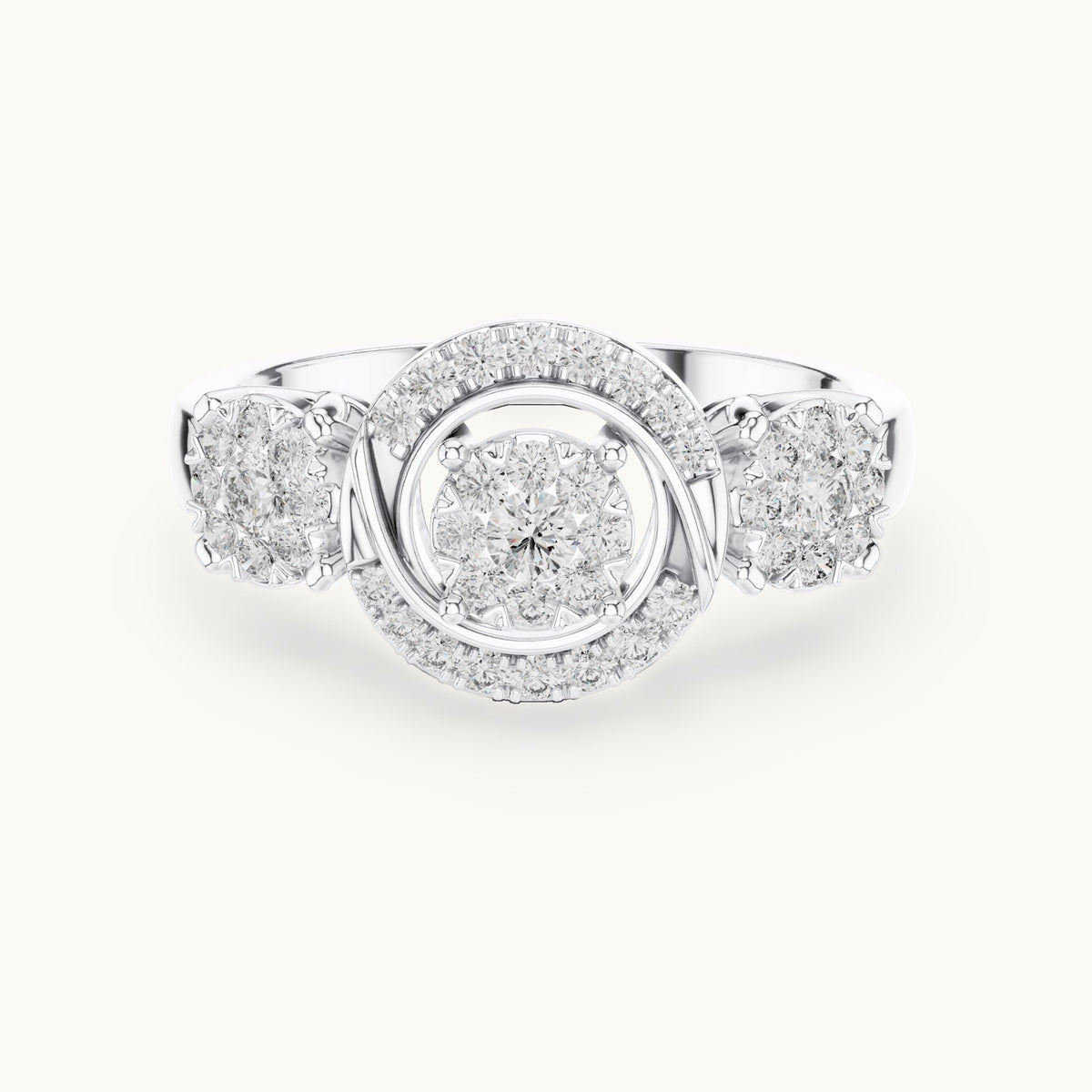 Round lab-grown diamond three-cluster halo ring in white gold, 0.502 CT TW, view 4