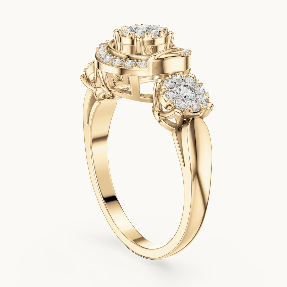 Round lab-grown diamond three-cluster halo ring in yellow gold, 0.502 CT TW, view 1