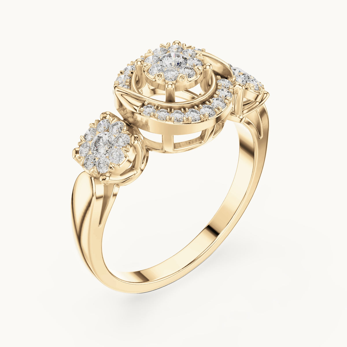 Round lab-grown diamond three-cluster halo ring in yellow gold, 0.502 CT TW, view 2