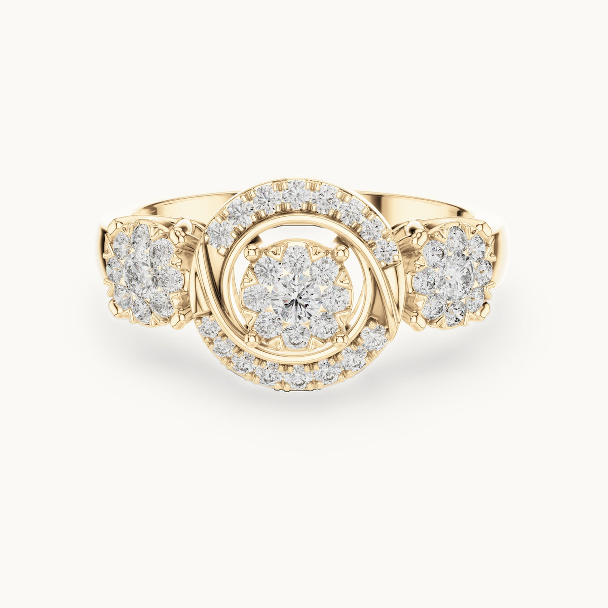 Round lab-grown diamond three-cluster halo ring in yellow gold, 0.502 CT TW, view 4