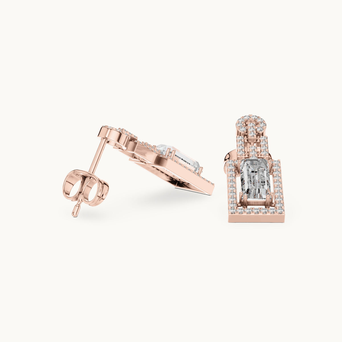 Baguette and round lab-grown diamond halo drop earrings in rose gold, 1.958 CT TW, view 1