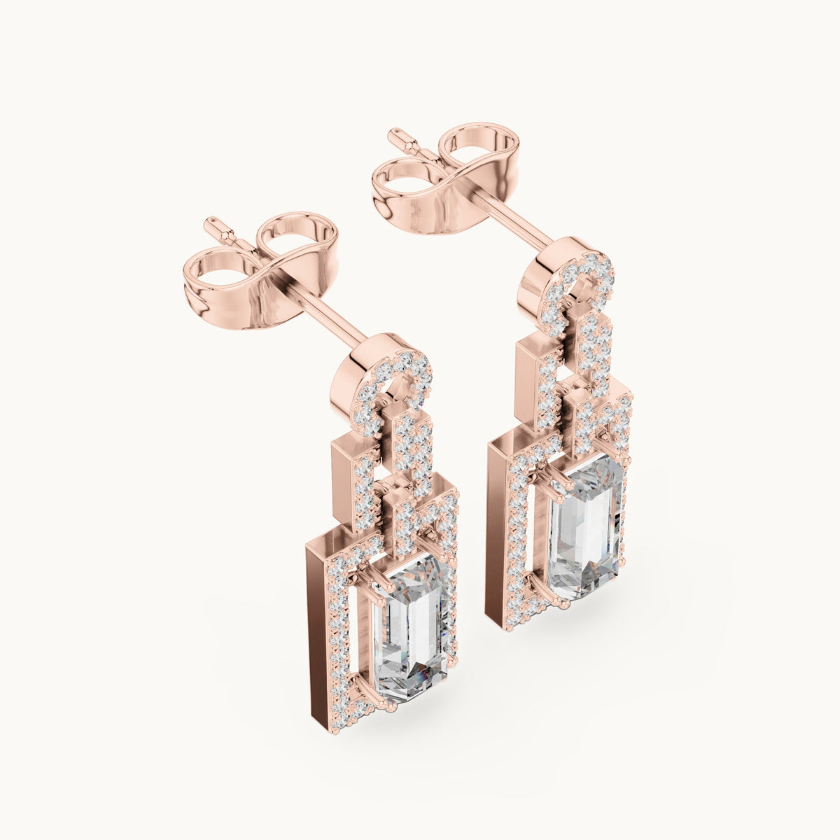 Baguette and round lab-grown diamond halo drop earrings in rose gold, 1.958 CT TW, view 2